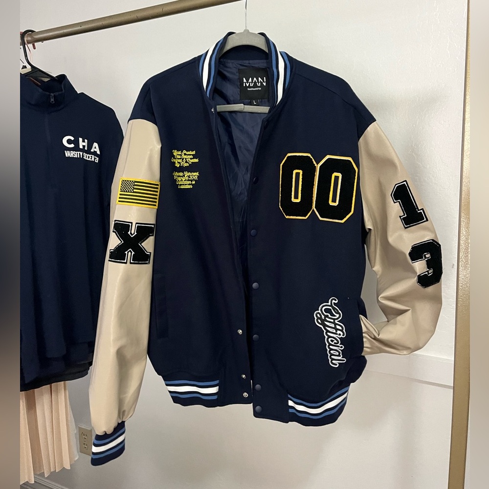 BOOHOO MEN Varsity Patch Bomber With Faux Leather Sleeves